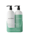 A set of two Alcôve pump bottles for a curl duo, featuring a white and light green shampoo bottle and a white and bright green curl condition bottle, set against a plain white background.