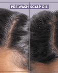 Before and after picture of hair after using the Alcove Hair Pre-Wash Scalp Oil