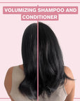 Volumizing shampoo and conditioner advertisement with a side view of hair on a pink background