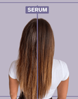 A before and after picture showing the left side of the hair without the Alcove Hair serum and the right side after use