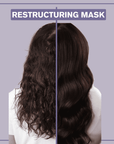 Side by side image showing before and after pictures of hair when using the Restructuring Mask - Alcôve Hair
