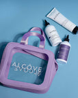 Lifestyle image showing the The Ultimate Repair! Hair Kit - Alcôve Hair on a blue background