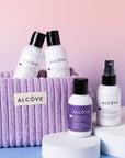 Alcove Mini Hair Products with a Purple Pouch