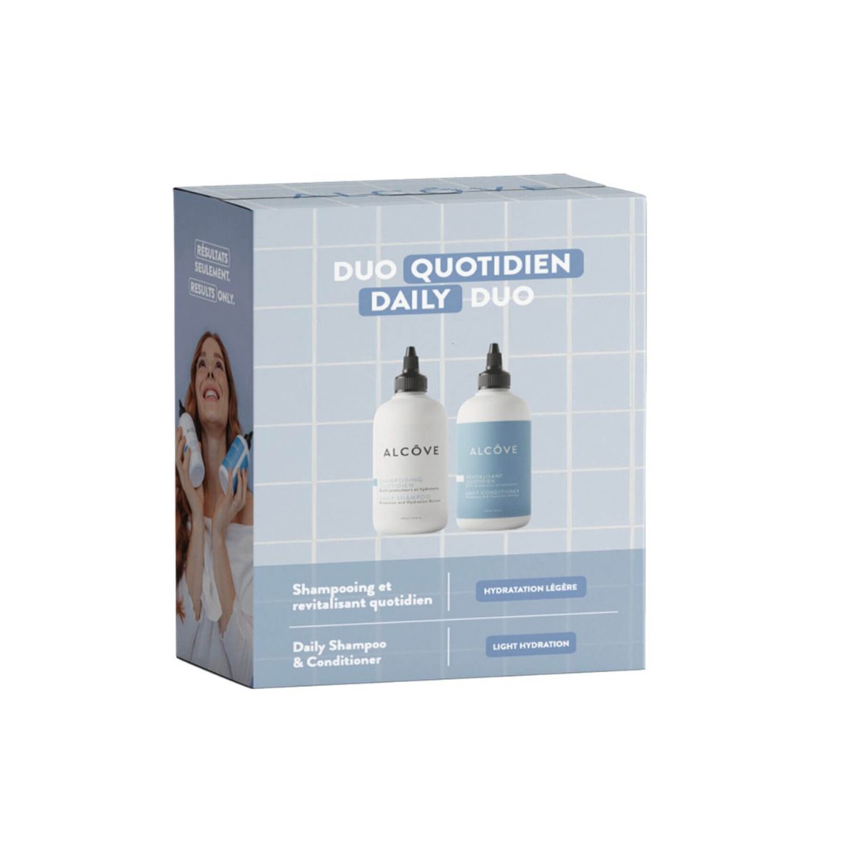 Alcove Daily Duo packaging with two bottles on a light blue background