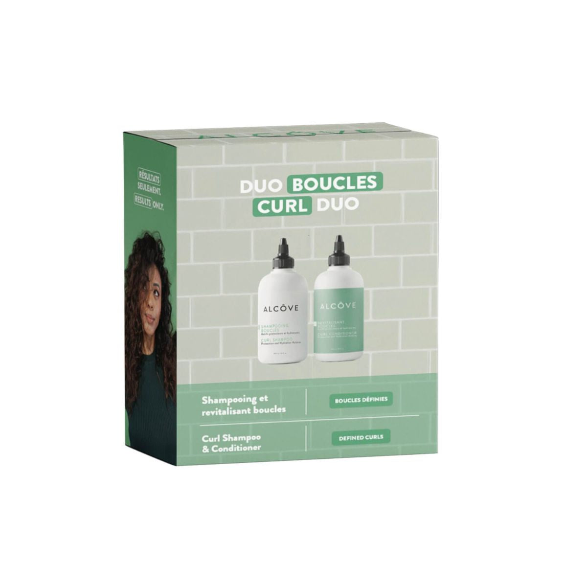 Alcove Duo Boucles Curl Duo packaging with two bottles on a tiled background