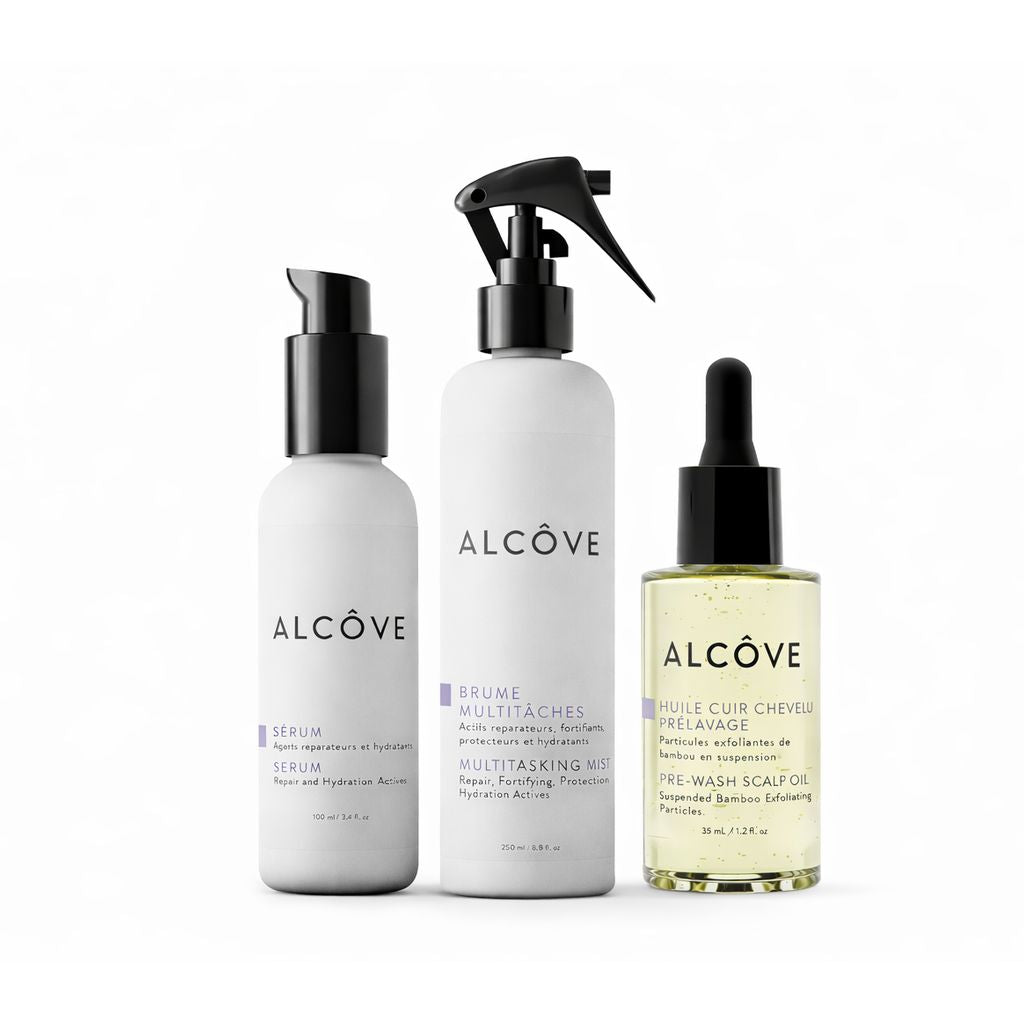 Image showing the 3 products included in the Alcôve Hair Care Bundle: Serum, Scalp Oil and Multitasking Mist