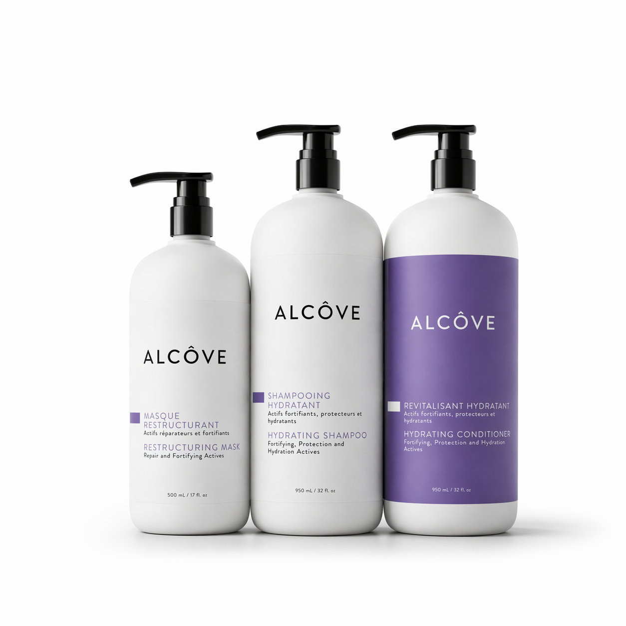 Image showing the 3 products included in the Alcôve Hydrating Bundle Jumbo: hydrating shampoo, conditioner and restructuring mask