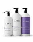Image showing the 3 products included in the Alcôve Hydrating Bundle Jumbo: hydrating shampoo, conditioner and restructuring mask