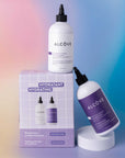 Alcove hair care products including shampoo, conditioner, and packaging on a gradient background