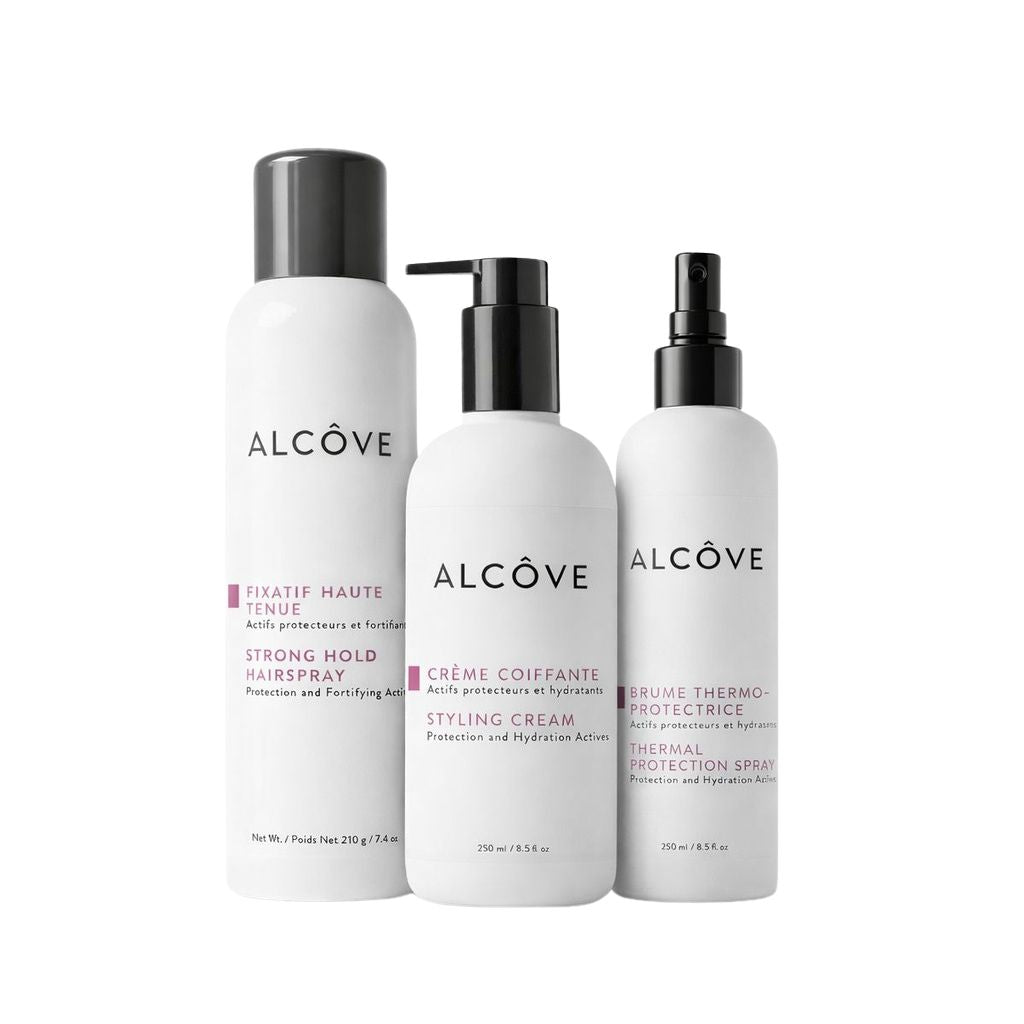 Three bottles of Alcôve Hair Styling products that are included in the Styling Bundle