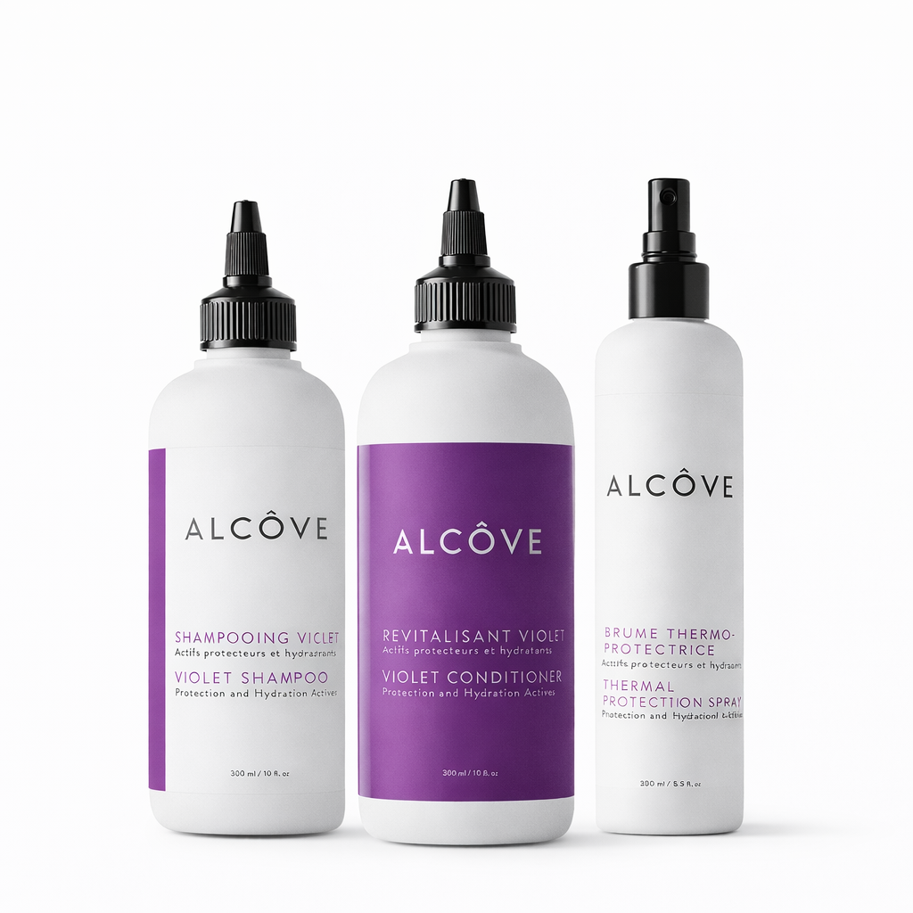 3 Alcôve Hair products Violet Shampoo, Conditioner & Spray that are included in the Violet Bundle