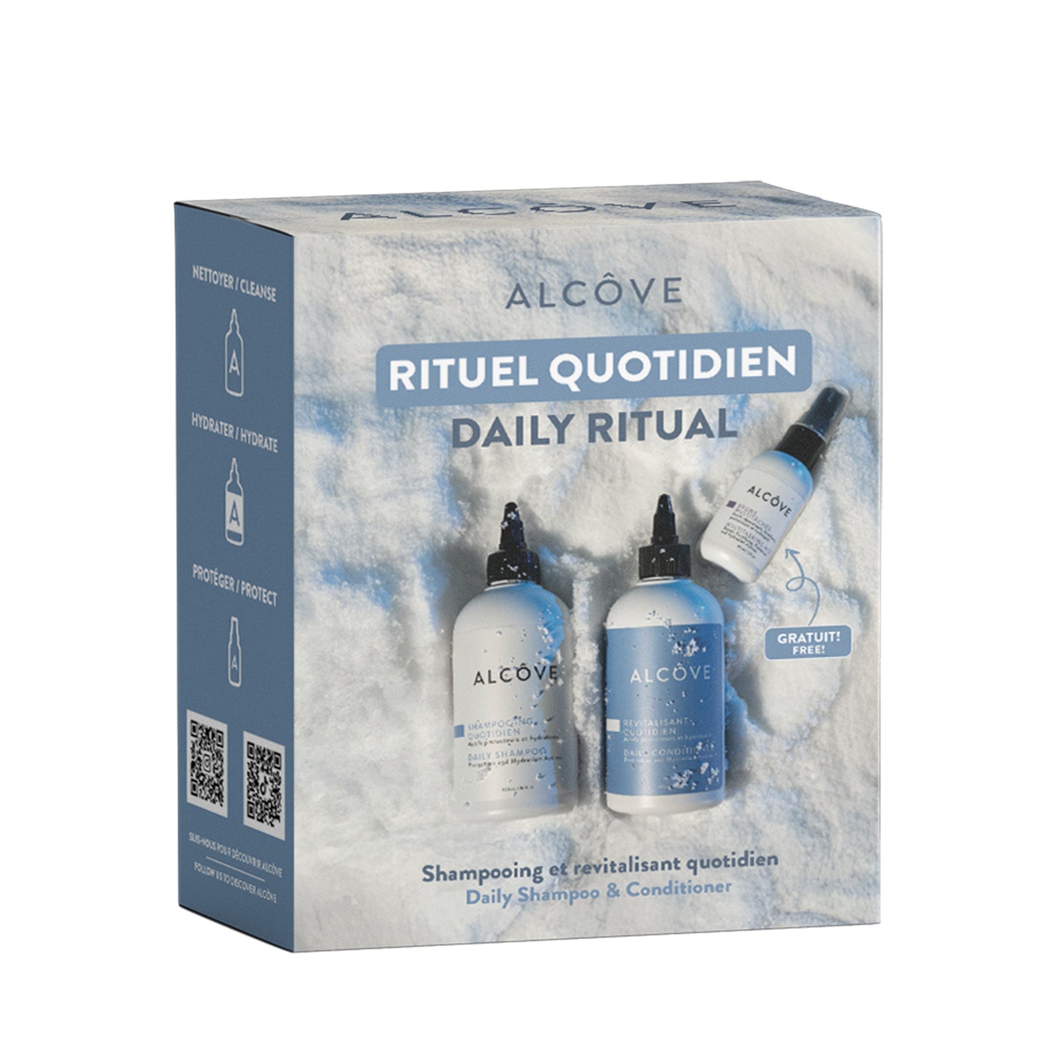 Alcove daily ritual hair care set packaging on a white background