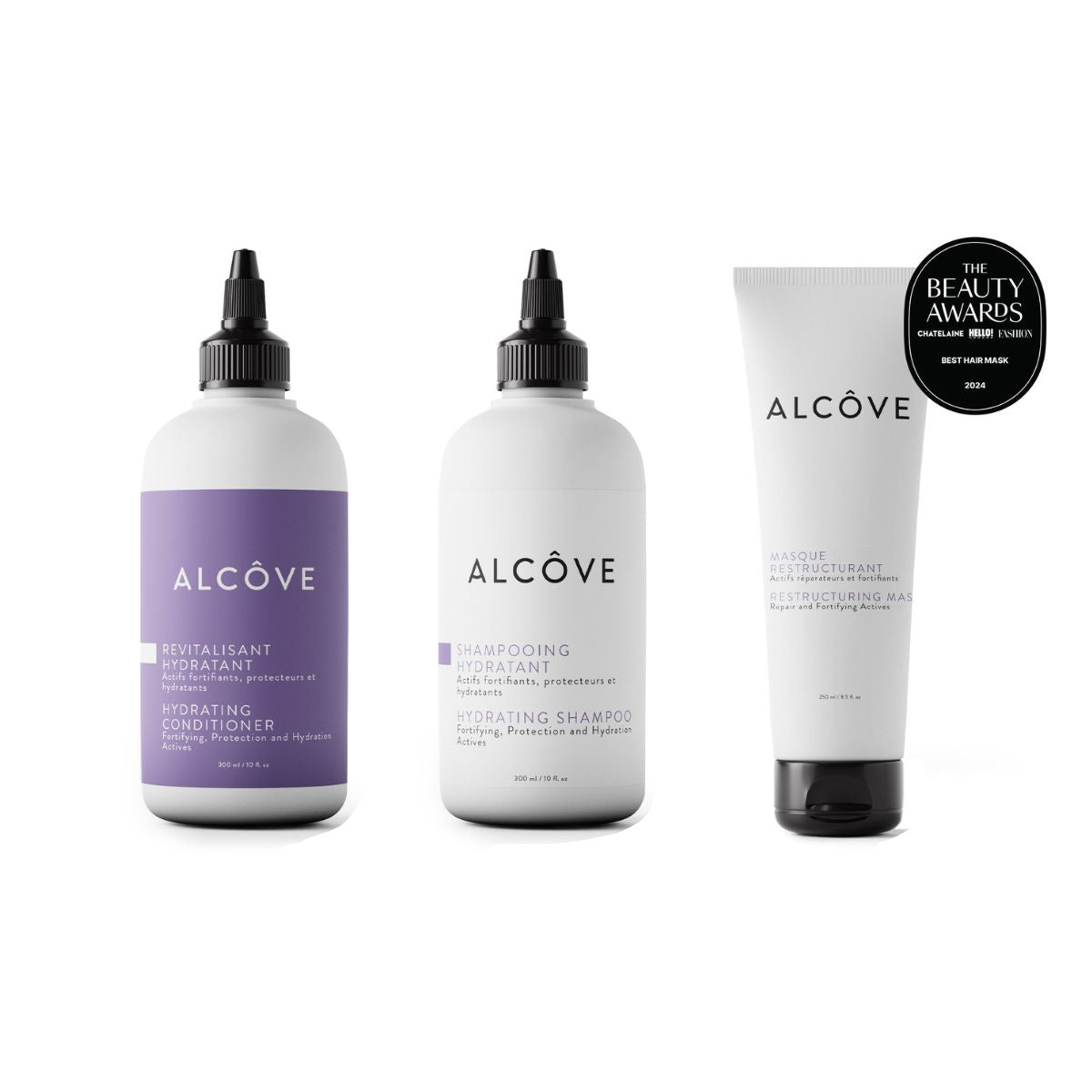Bundle of Alcôve Hydrating products including shampoo, conditioner and mask