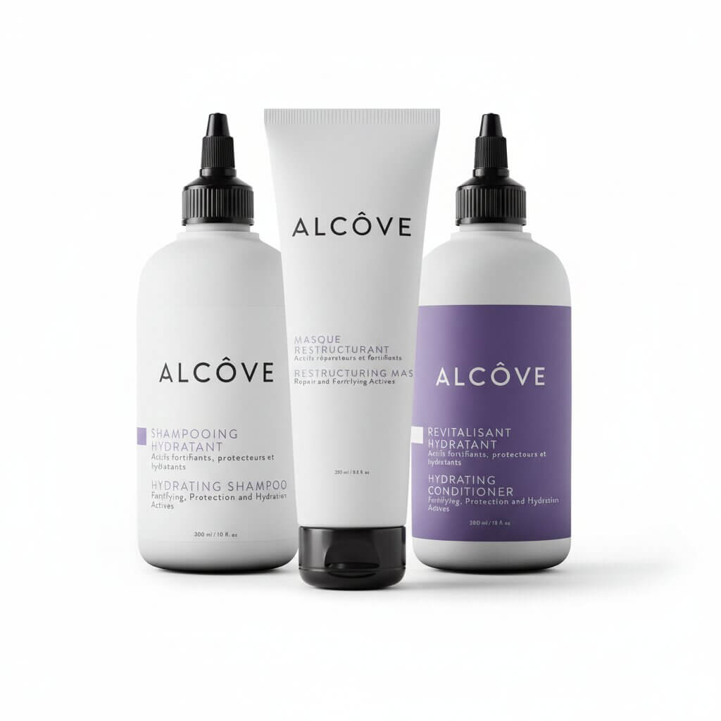 Bundle of Alcôve Hydrating products including shampoo, conditioner and restructuring mask