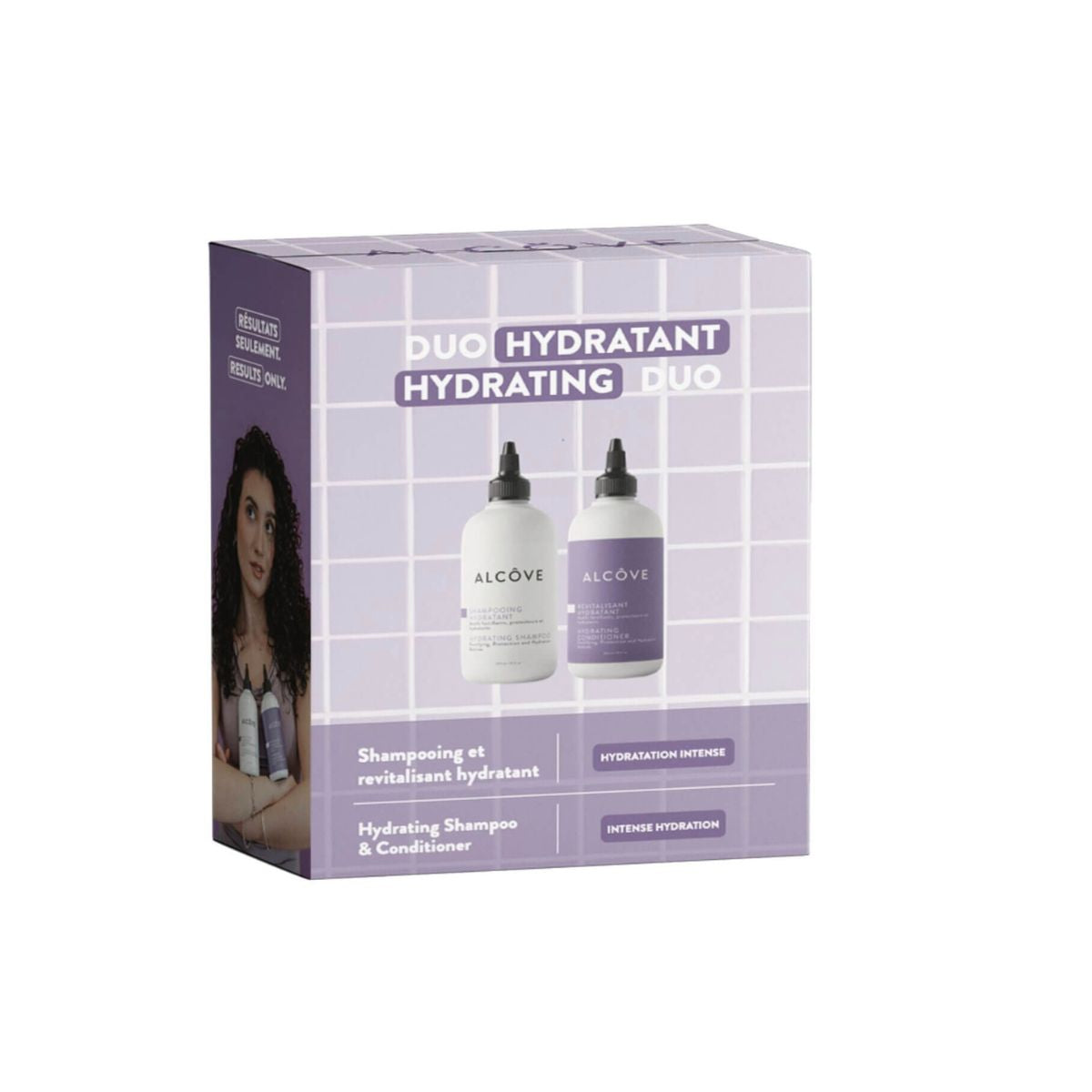 Alcove hydrating duo packaging with two bottles on a white background