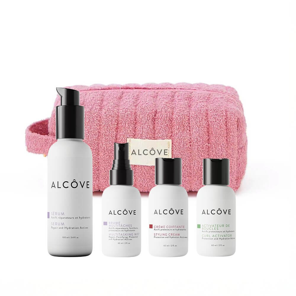 Alcôve Style to Go Hair Kit including 4 products and a pouch for style