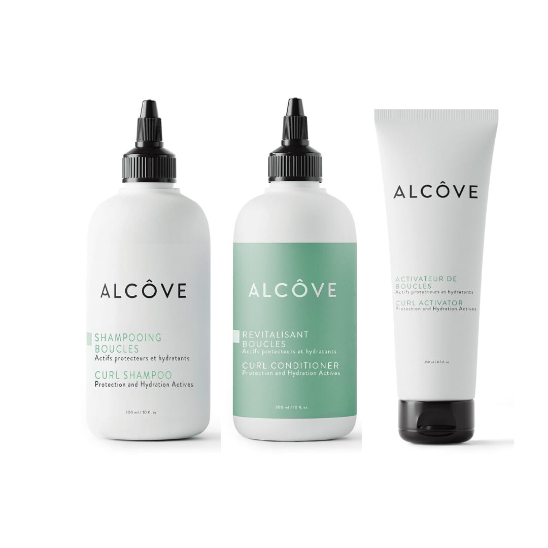 Bundle of Alcôve Hair products including the Curl Shampoo, the Curl Conditioner and the Curl Activator