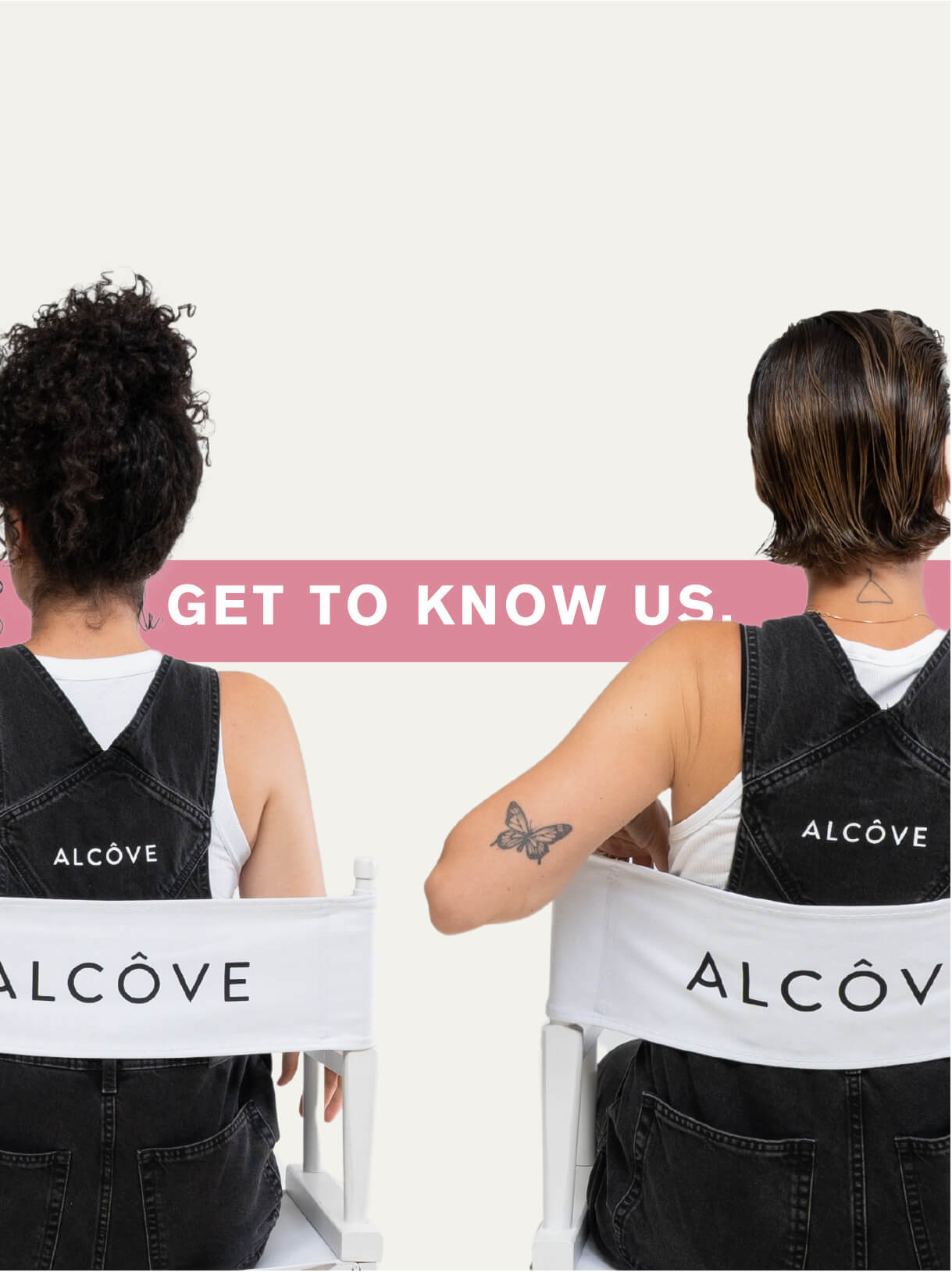 Two models on a chair branded Alcôve Hair