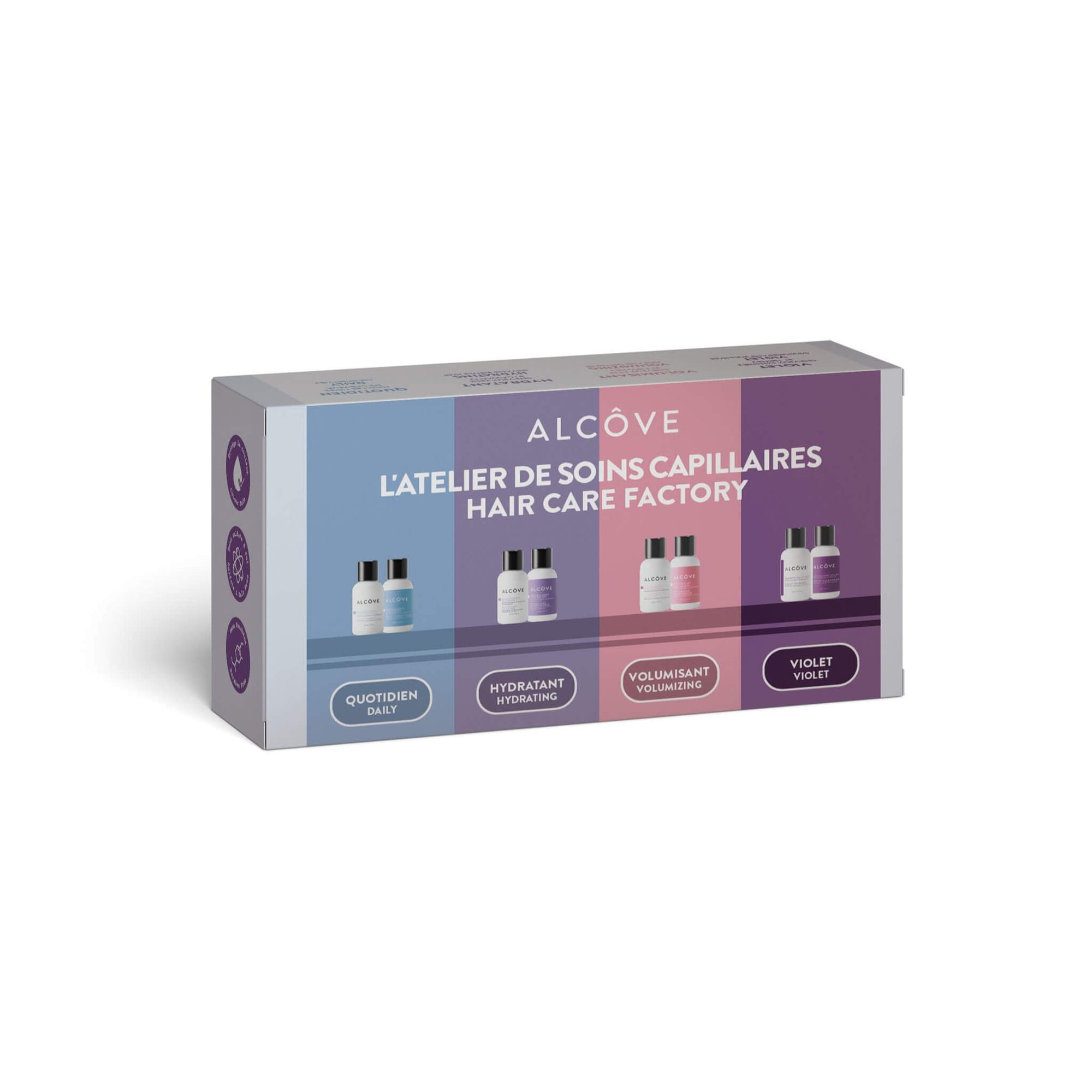 Box of 4 mini hair care products from Alcove on a white background