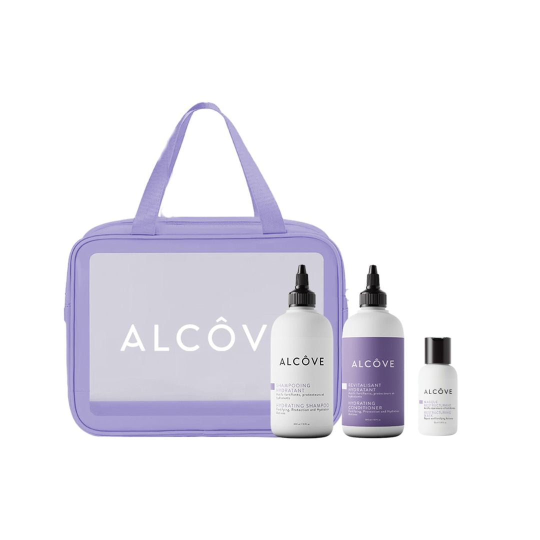 Picture showing the Alcôve Hair Holiday Rescue Kit including shampoo, conditioner and hair mask