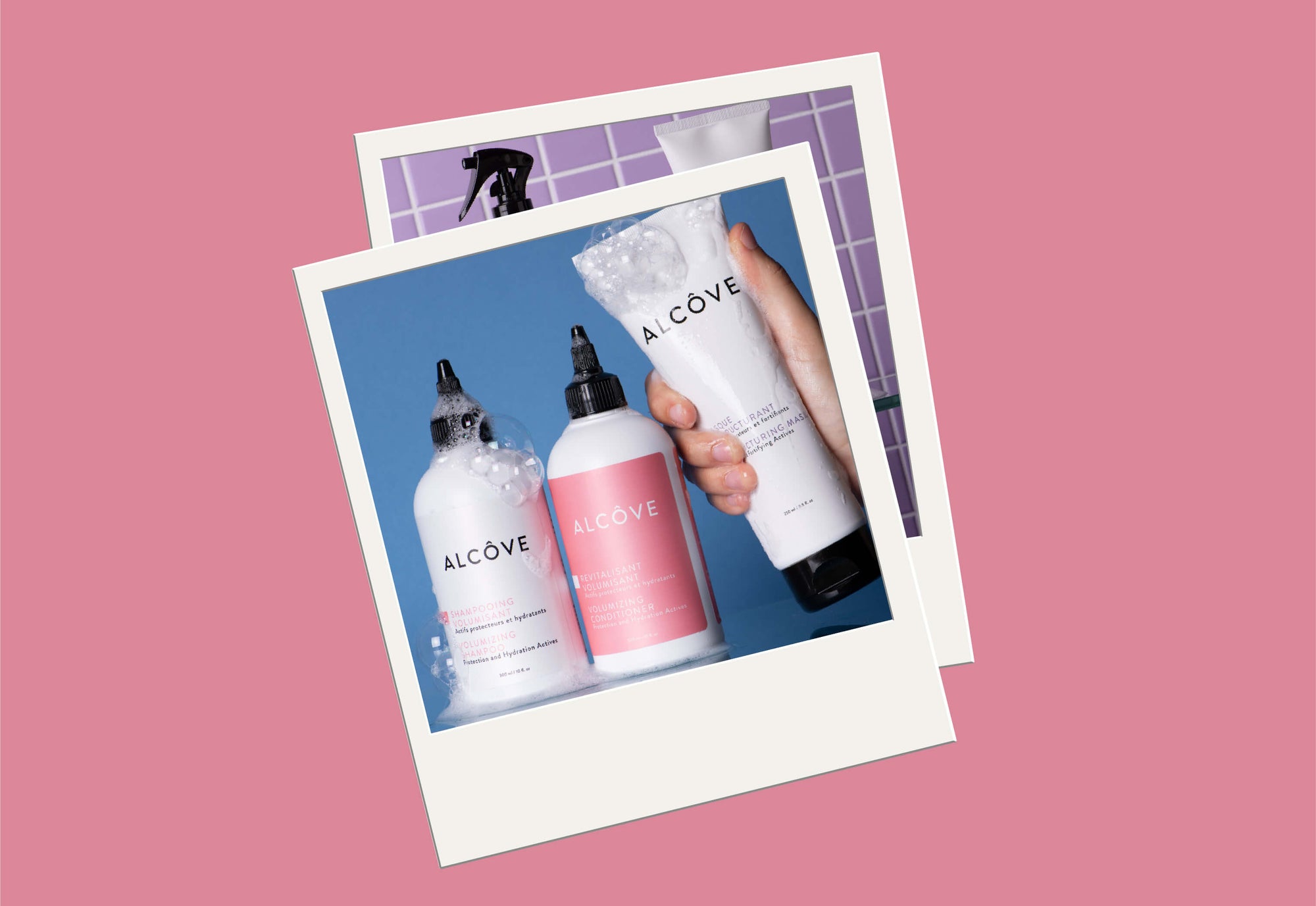 Polaroid-style photo of Alcôve Hair care products on a pink background