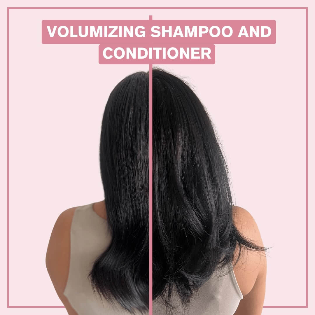 Volumizing shampoo and conditioner advertisement with a side view of hair on a pink background