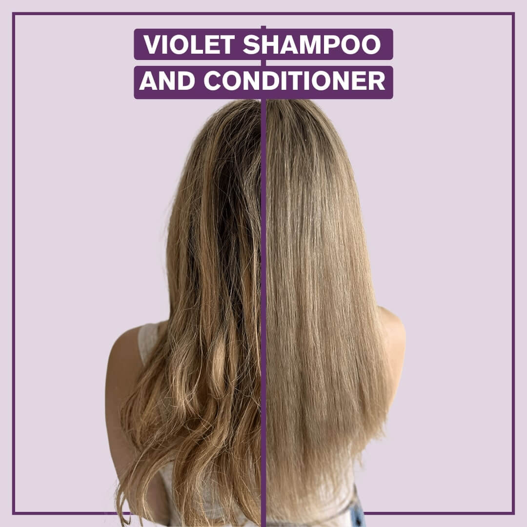 Before and after results when using the Alcôve Violet Shampoo or Conditioner