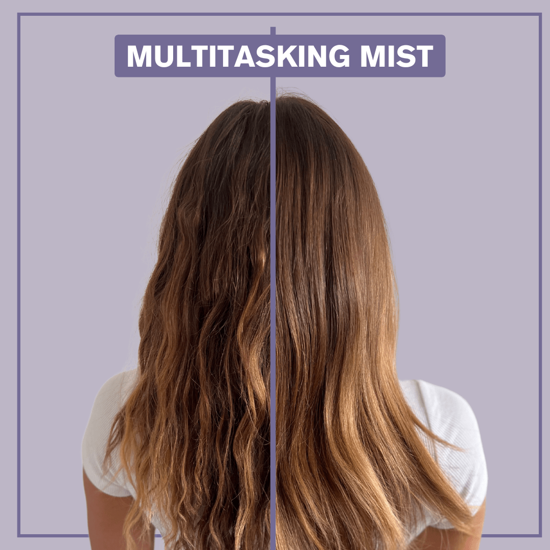 Side by side of before and after pictures of someone who used the  Multitasking Mist - Alcôve Hair