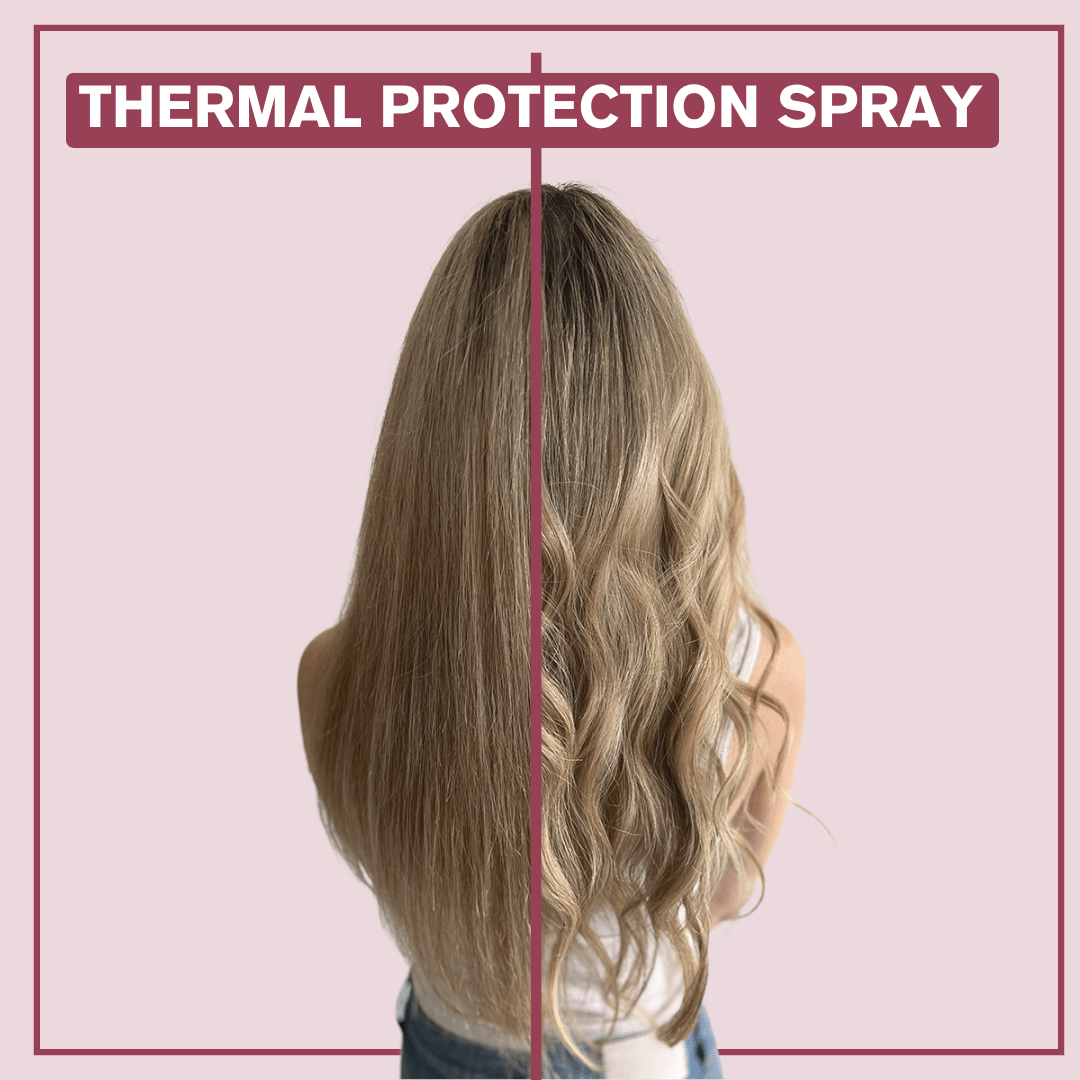 Side by side of before and after pictures of blonde hair when using the Alcôve Thermal Protection Spray