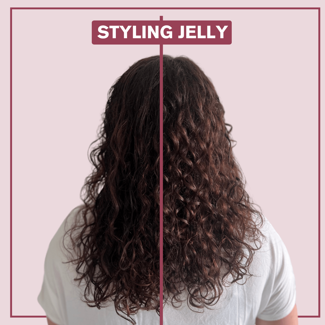 Before and after photo of hair using the Alcôve Hair Nourishing Styling Jelly for Hair