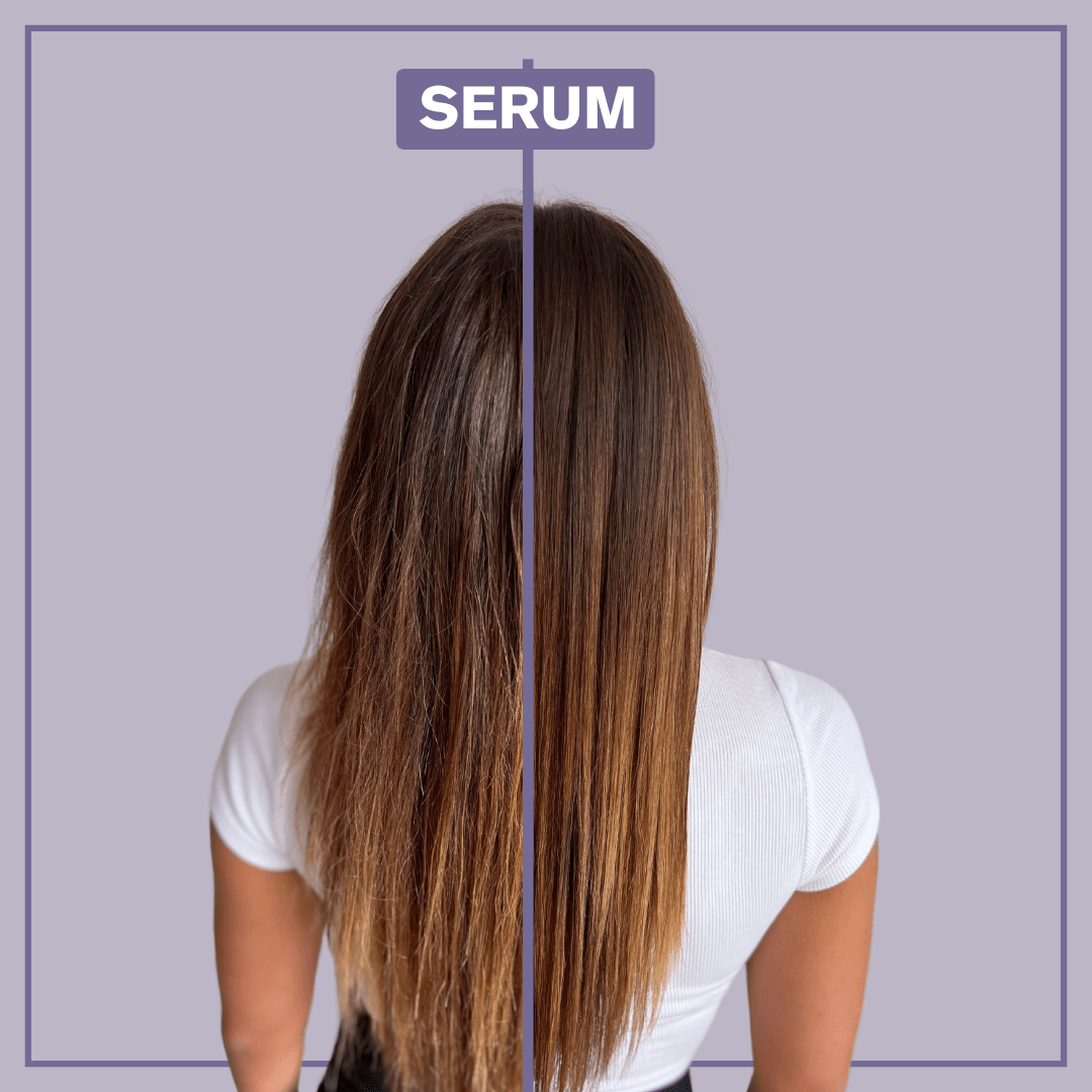 A before and after picture showing the left side of the hair without the Alcove Hair serum and the right side after use