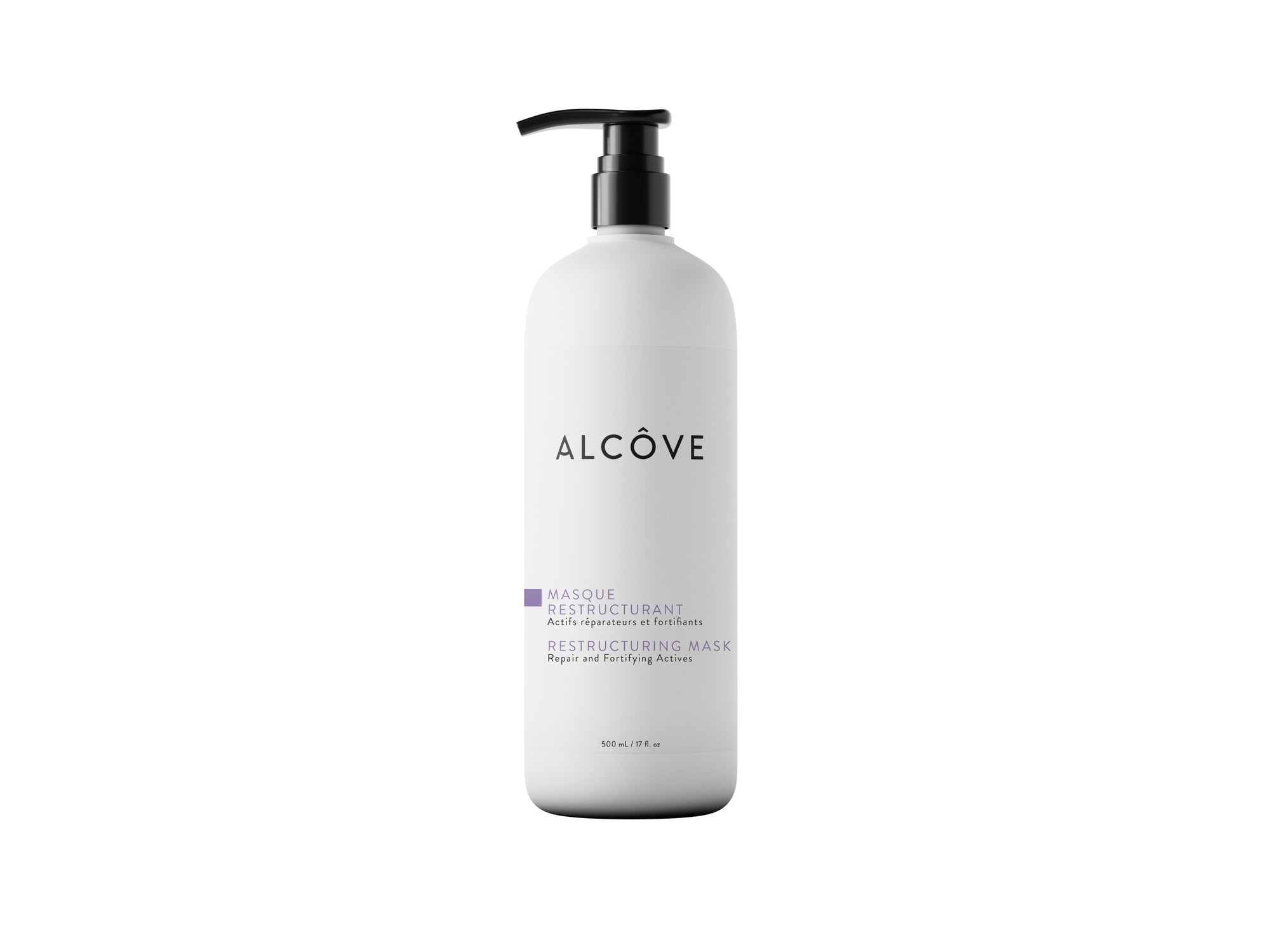 White bottle of Alcove Restructuring Mark 500 ml with pump on a white background