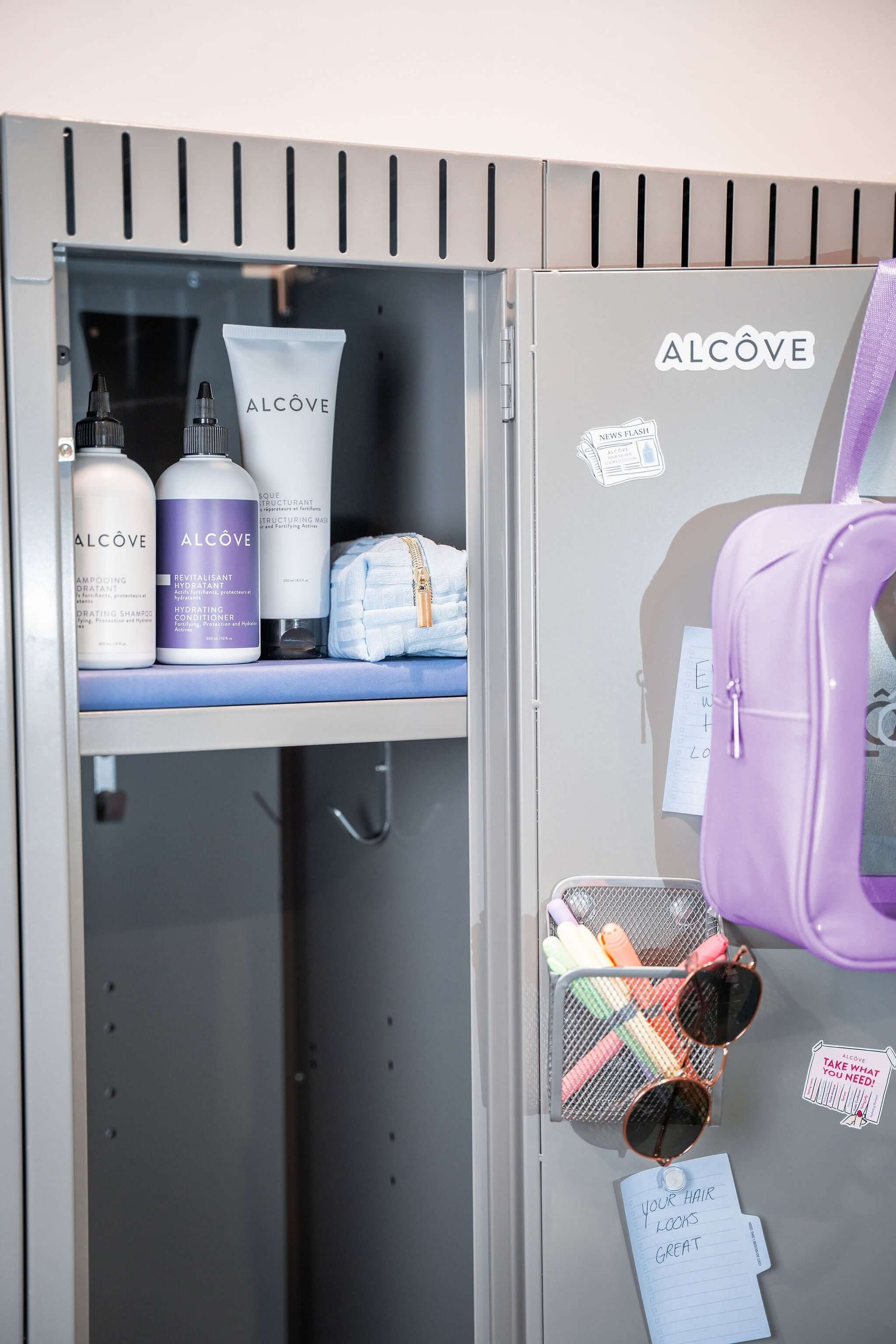 Lifestyle image showing the The Ultimate Repair! Hair Kit - Alcôve Hair in a locker
